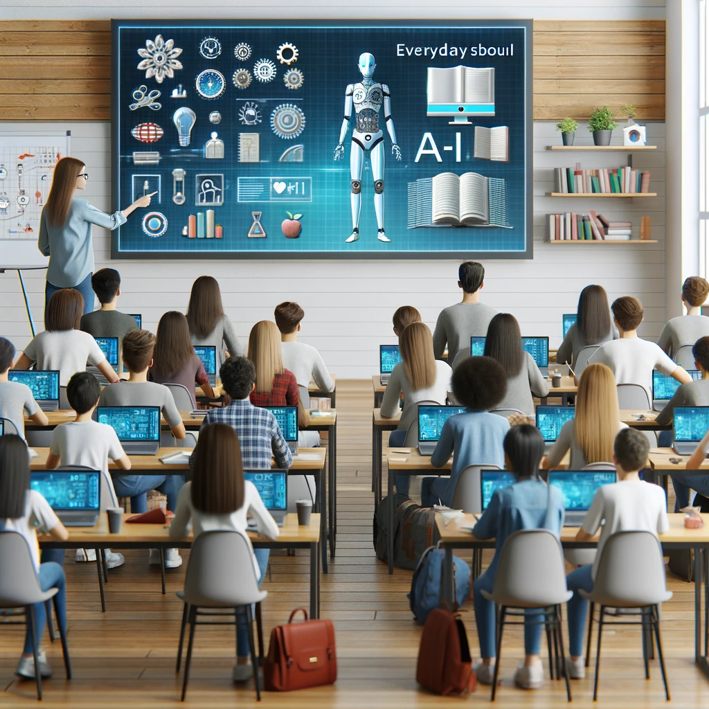 Barn som sitter i ett klassrum där tavlan är utbytt mot en AI-skärm